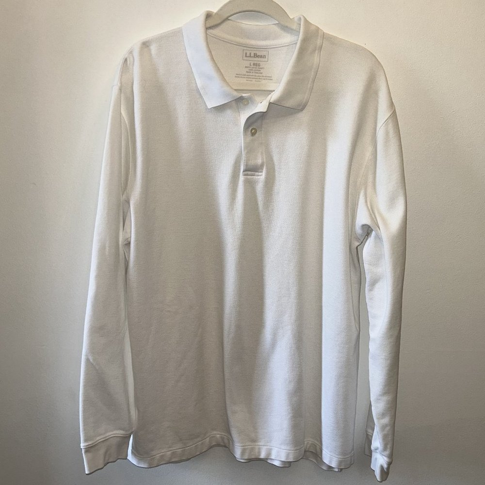 L.L. Bean White Long Sleeve Cotton Golf Polo Shirt